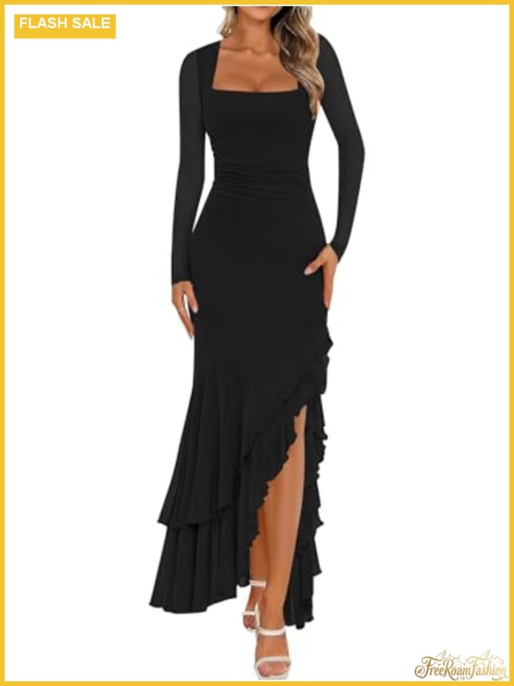Mesh Long Sleeve Bodycon Maxi Dress Tiered Ruffle Slit Square Neck Formal